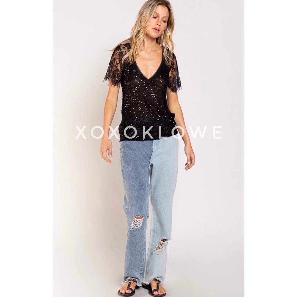 POL Black Sequin V Neck Lace Short Sleeves Sheer Top - Picture 12 of 15